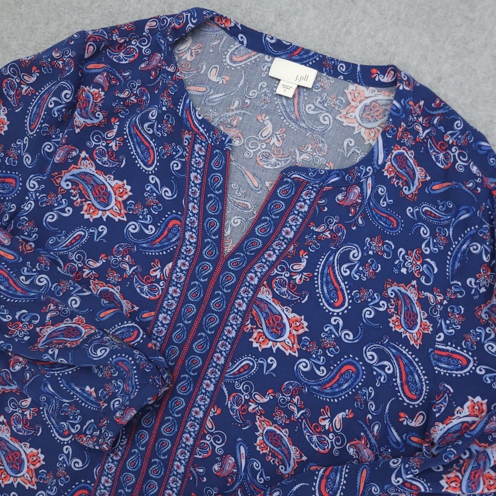 J Jill Tunic Top Women's L Blue Paisley Rayon Long Sleeve Spit Neck